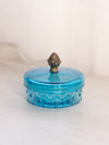 Vintage Small Blue Glass Quilted Lidded Dish and Metal Pinecone Finial