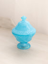 Vintage Small Blue Milk Glass Footed Lidded Dish with Floral Designs