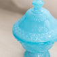 Vintage Small Blue Milk Glass Footed Lidded Dish with Floral Designs