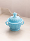 Vintage Small Blue Milk Glass Handled Lidded Dish with Bead Designs