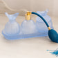 Vintage Small Blue Satin Dresser Set with Tray, Perfume Bottles & Jar