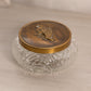 Vintage Small Clear Glass Lidded Jar with Floral Gold Tone Lid