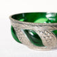 Vintage Small Green Glass Bowl with Silver Tone Metal Details