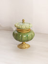 Vintage Small Green Stone Hinged Lidded Jar with Gold Tone Details