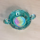 Vintage Small LE Smith Teal Iridescent Glass 2 Handled Nappy Dish