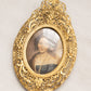 Vintage Small Oval Gold Tone Metal Floral Hanging Frame with Lady Print