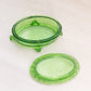 Vintage Small Oval Green Glass Lidded Dish with 4 Toes