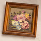 Vintage Small Square Purple Blue Floral Painting with Brown Frame