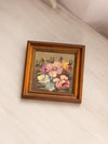 Vintage Small Square Purple Blue Floral Painting with Brown Frame