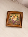 Vintage Small Square Cream Florals in Vase Painting with Brown Frame