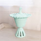 Vintage Tall Aqua Milk Glass Lattice Edge Lidded Dish with Oval Finial