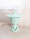 Vintage Tall Aqua Milk Glass Lattice Edge Lidded Dish with Oval Finial