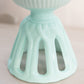 Vintage Tall Aqua Milk Glass Lattice Edge Lidded Dish with Oval Finial