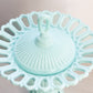 Vintage Tall Aqua Milk Glass Lattice Edge Lidded Dish with Oval Finial