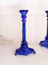 Vintage Tall Cobalt Blue Glass Ornate Candlestick with Dolphin Accents