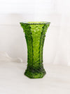 Vintage Tall Green Glass Daisy & Button Vase with Floral Designs