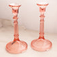 Vintage Tall Pink Glass Candlestick with Fancy Etched Designs