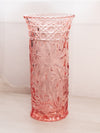 Vintage Tall Pink Round Glass Vase with Etched Floral Details