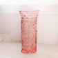 Vintage Tall Pink Round Glass Vase with Etched Floral Details
