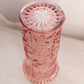 Vintage Tall Pink Round Glass Vase with Etched Floral Details
