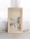 Vintage Tall Rectangular Painting of People Walking in Town