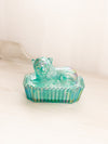 Vintage Teal Green Iridescent Glass Lion Lidded Dish