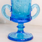 Vintage Westmoreland Large Blue Glass Vase with Floral Designs and 2 Handles