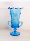 Vintage Westmoreland Large Blue Glass Vase with Floral Designs and 2 Handles