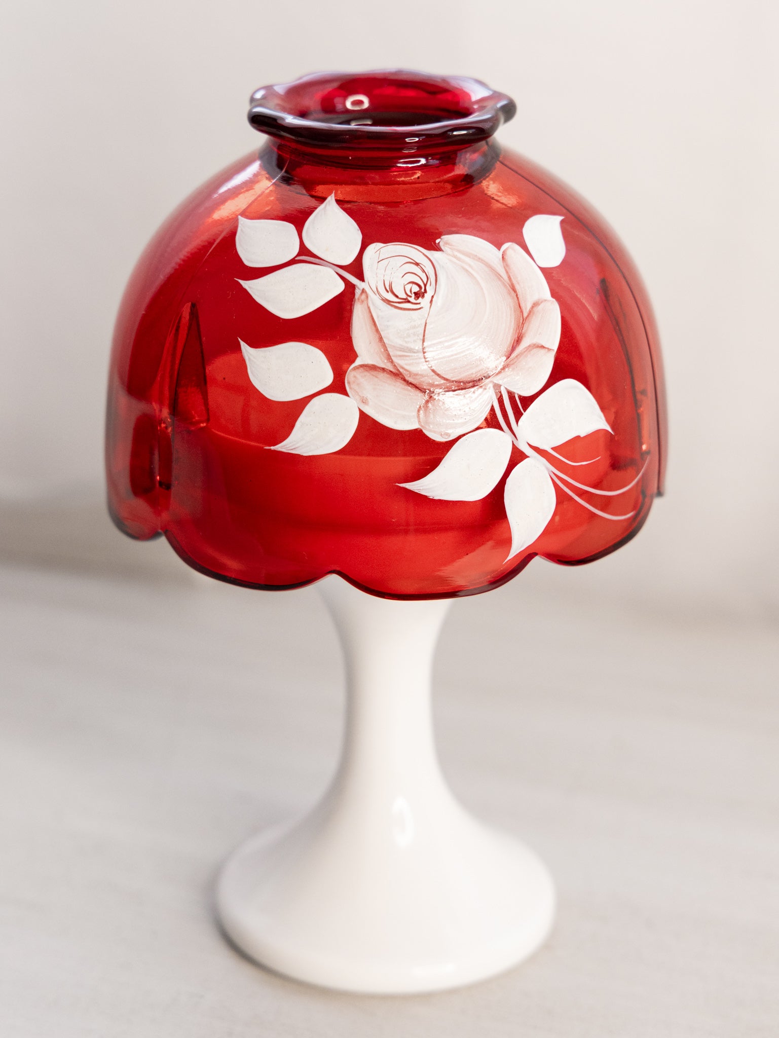 Vintage Westmoreland Red Glass Floral Fairy Lamp White Milk Glass