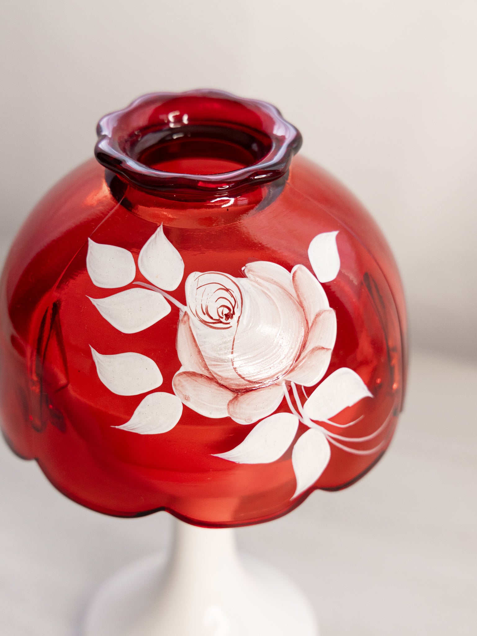 Vintage Westmoreland Red Glass Floral Fairy Lamp White Milk Glass