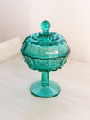 Vintage Westmoreland Teal Green Glass Grape Pedestal Lidded Dish