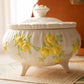 Vintage White Ceramic Dish with Yellow & Green Floral Details