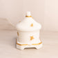 Vintage White Milk Glass Lidded Bee Dish with Gold Tone Accents