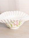 Vintage White Milk Glass Rose and Lattice Floral Oval Ruffled Bowl