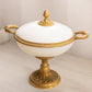 Vintage White Opaline Glass Lidded Dish with Gold Tone Accents