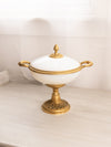 Vintage White Opaline Glass Lidded Dish with Gold Tone Accents